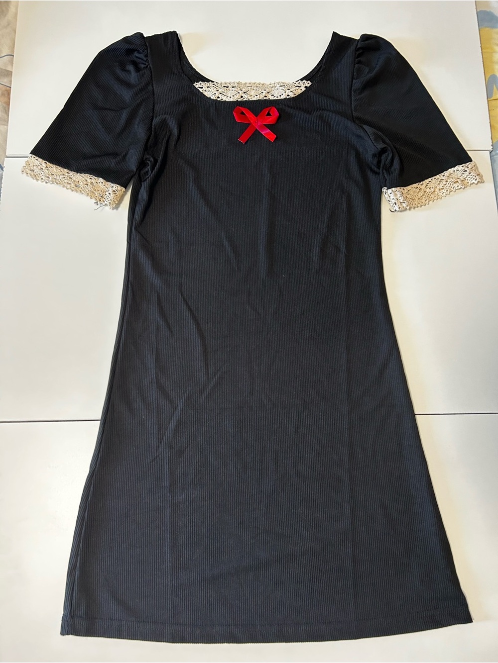 Black Mini Dress with Cream Lace and Red Bow